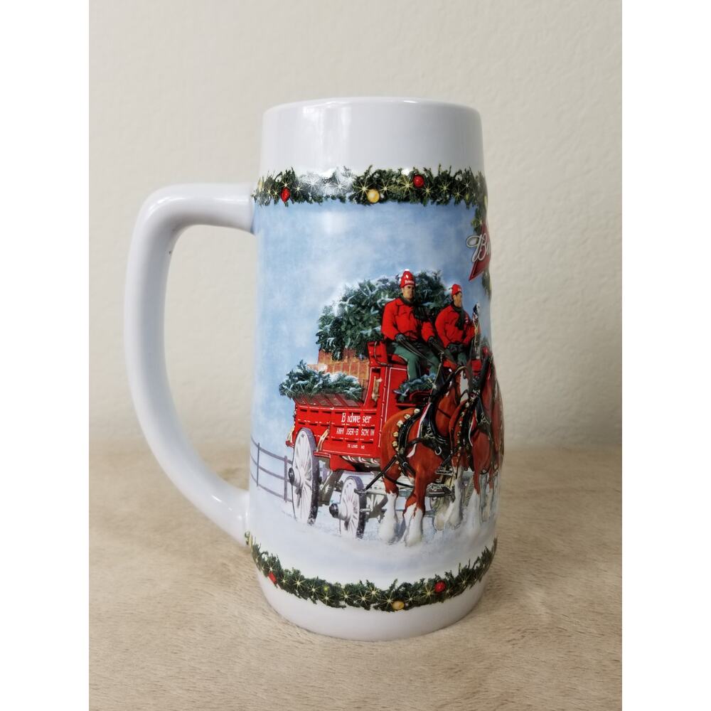 Christmas Budweiser Stein Beer Mug Holiday Tradition 7" White Red 2009 Vintage